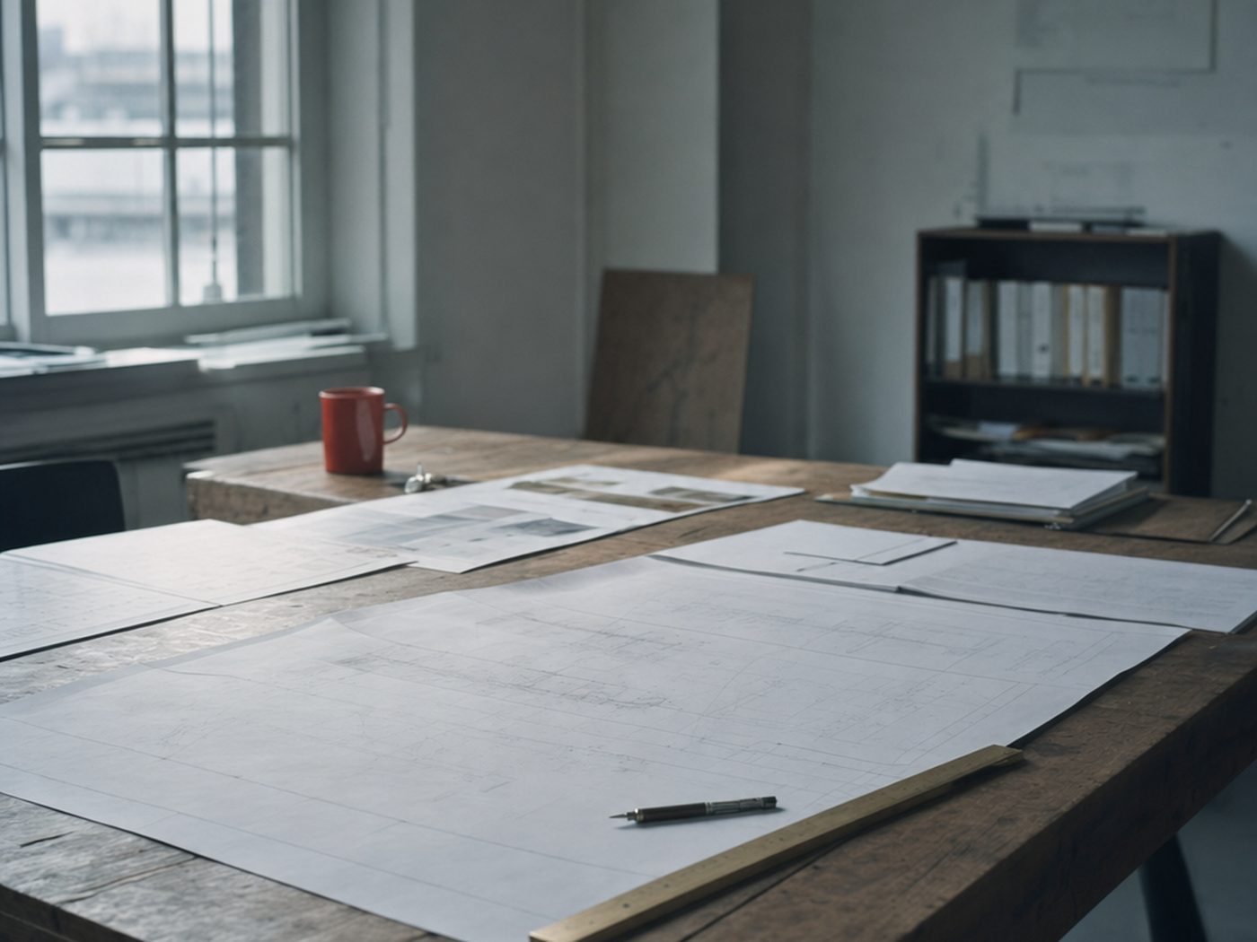 Unfolded drawings and printed sheets on a working table under cold daylight.